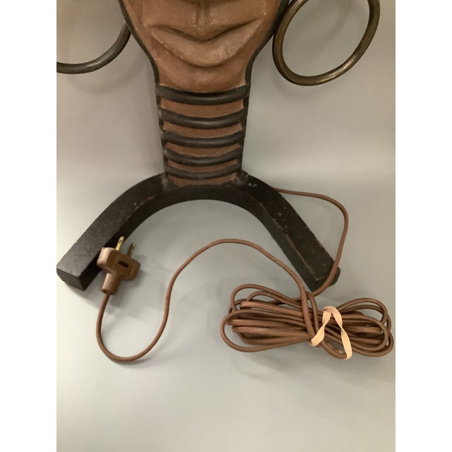 Vintage 1955 Goodwin Artist Signed Handcrafted African Face Iron and Clay Lamp For Sale - Image 9 of 12