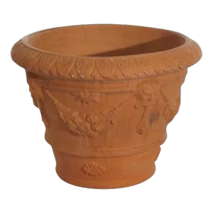 20th Century Italian Tuscan Terracotta Pottery Jardiniere With Figural Masks & Fruit Swag