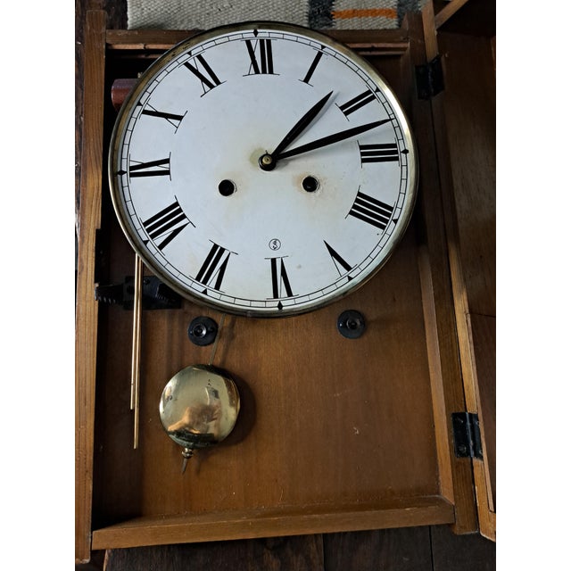 Vintage Teak Mechanical Pendulum Wall Clock Mid‑Century Modern Ejs Dial For Sale In West Palm - Image 6 of 14