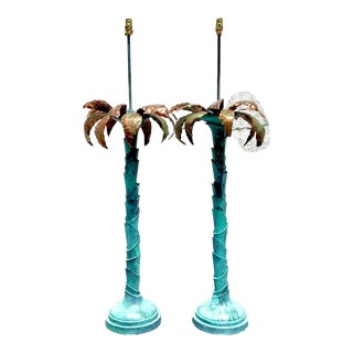 Vintage Coastal Monumental Patinated Copper Palm Tree Lamps - a Pair For Sale