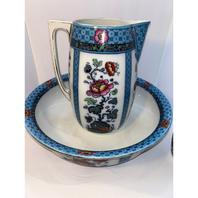 Antique English Keeling & Co. Luxe Ware Wash Set – Pitcher, Basin & Jar, Turquoise Floral Transferware, Burslem For Sale - Image 4 of 8