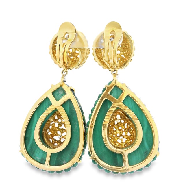 Dark Green Vintage Italian 18k Gold Diamond & Carved Malachite Convertible Drop Earrings, 1970s, A Pair For Sale - Image 8 of 9