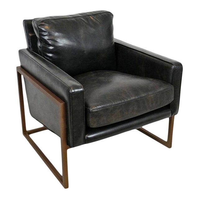 Piper Black Leather & Bronze Club Chair For Sale