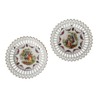 Pair of Vintage German Reticulated Porcelain Courting Couple Cabinet Plates For Sale