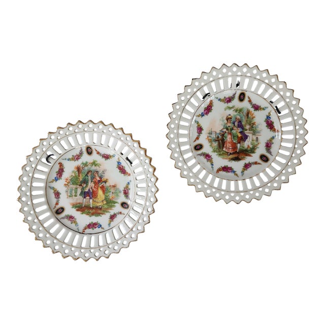 Pair of Vintage German Reticulated Porcelain Courting Couple Cabinet Plates For Sale