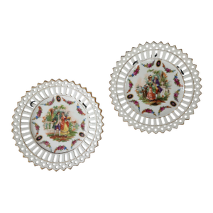 Pair of Vintage German Reticulated Porcelain Courting Couple Cabinet Plates