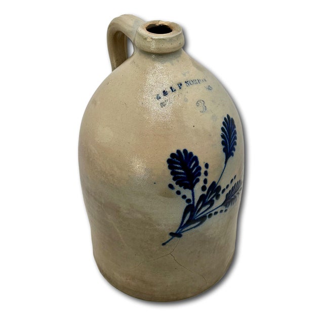 American Beautiful Antique American Blue Flower Decorated 3 Gallon Size Stoneware Jug by E & L P Norton in Bennington Vermont For Sale - Image 3 of 18