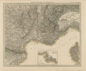 Map of Southern France to Italy with Corsica and Marseille, 1858