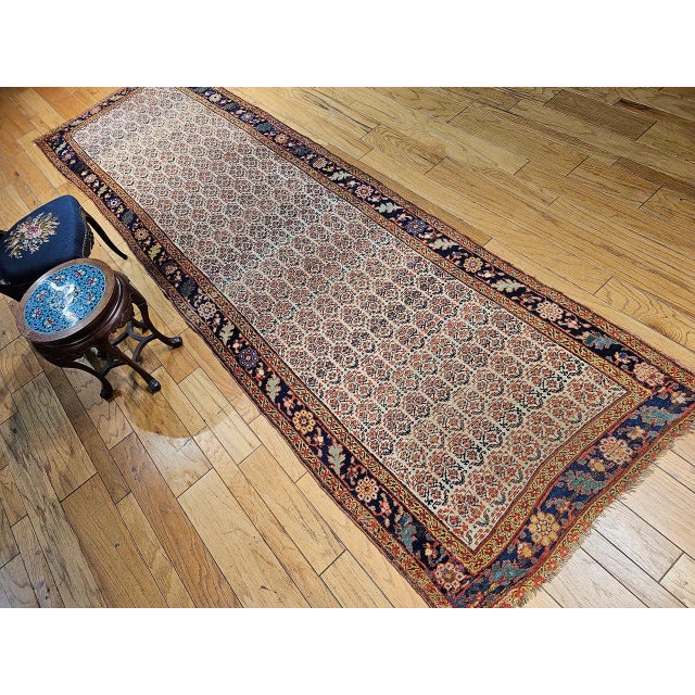 Ivory 19th Century Persian Bidjar Wide Runner, Hand-Knotted Wool, Allover Paisley Pattern, Ivory & Navy, 4x14 For Sale - Image 8 of 18