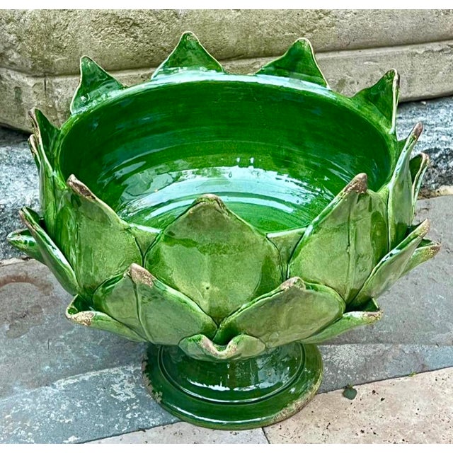Italian Majolica Artichoke Pedestal Bowl, Emerald Green For Sale - Image 4 of 8