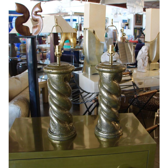 Bronze Vintage Bronze Metal Coated Plaster Rope Lamps in the Style of Michael Taylor With Shades - a Pair For Sale - Image 8 of 13