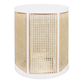 Matthew Izzo Home Freya White Lacquer Frame and Natural Woven Cane Side Table For Sale