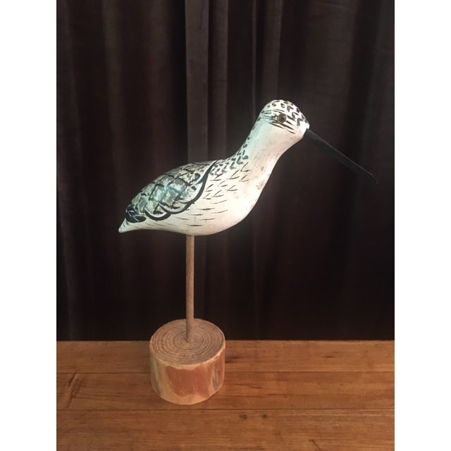 Small Carved & Hand-Painted White & Black Long-Billed Shore Bird with Glass Eyes on Natural Stand. Artist: Unknown