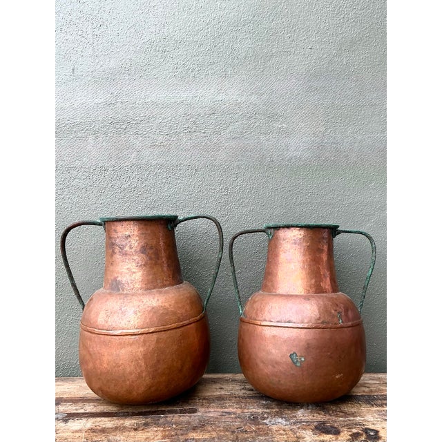 Vintage Moroccan Patinated Hammered Copper Water Jugs - A Pair For Sale - Image 11 of 12