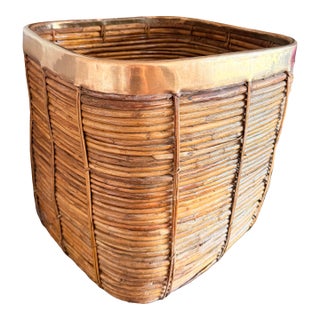 Oversized Gabriella Crespi Style Brass Trim Rattan Storage Basket For Sale