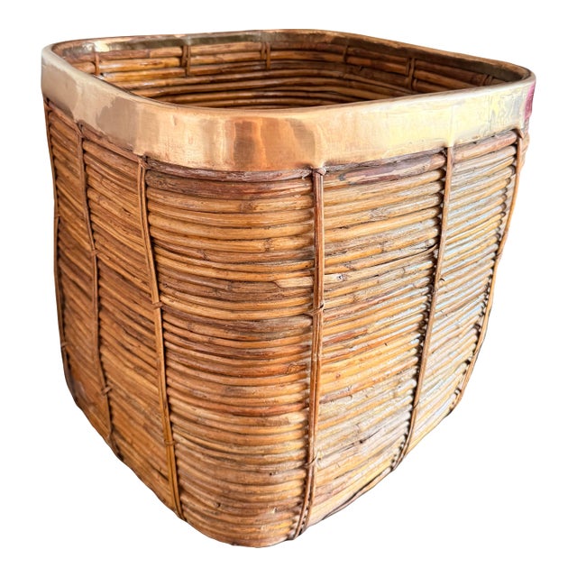 Oversized Gabriella Crespi Style Brass Trim Rattan Storage Basket For Sale
