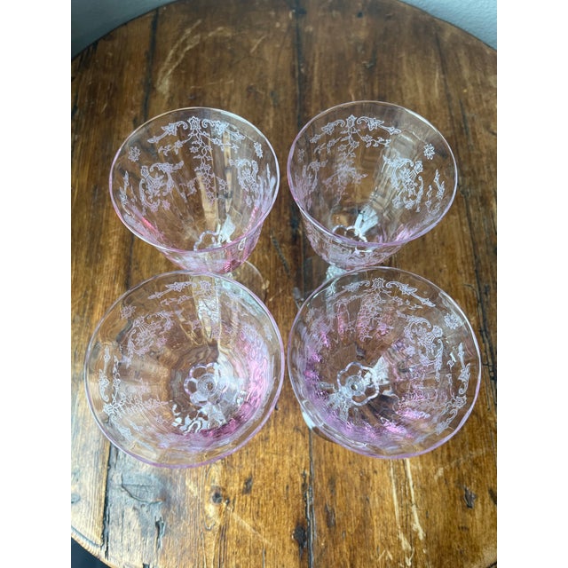 Fostoria Glass Company Vintage 1970's Fostoria Navarre Pink Etched Water 4 Goblets For Sale - Image 4 of 4