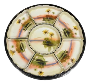 Vintage Japanese Porcelain Sweet Meat Serving Dish Set in Black Lacquer Box