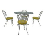 Vintage Woodard Wrought Iron Outdoor Glass Top Table and 4 Chairs Dining Set For Sale