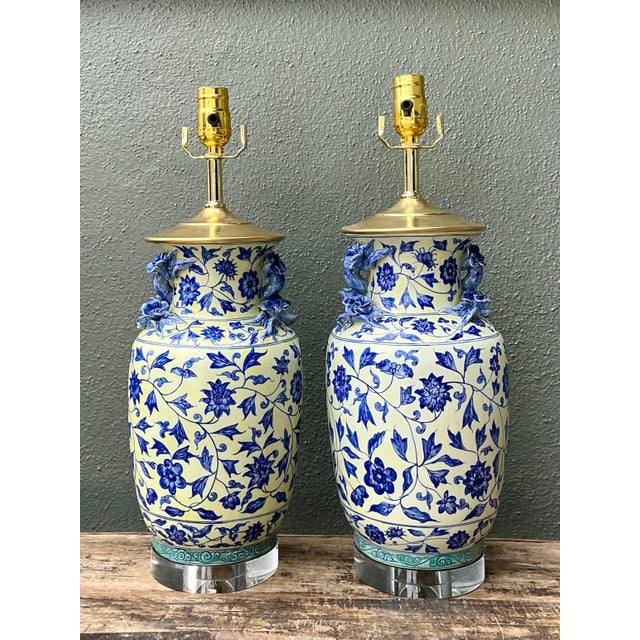 Vintage Asian Blue and White Floral Lamps - A Pair For Sale - Image 9 of 12