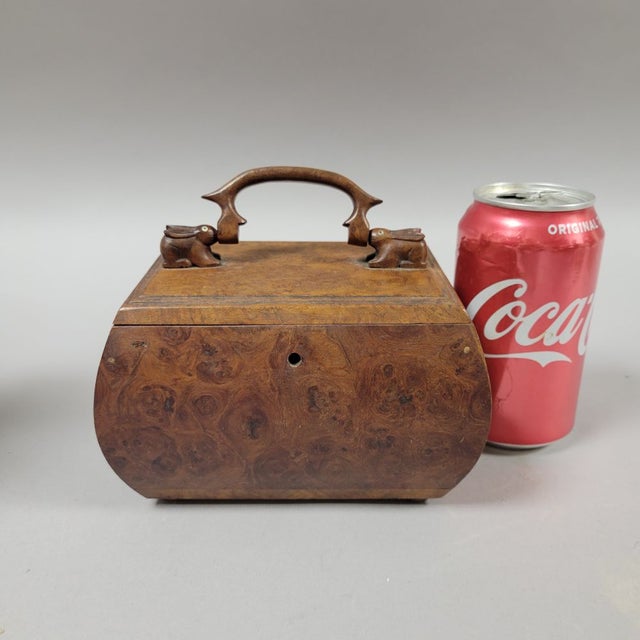Wood Victorian Burl Walnut Box With Carved Rabbit Handle Decorative Tea Caddy For Sale - Image 7 of 9