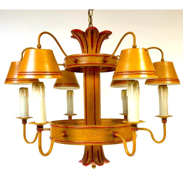 Hollywood Regency Faux Bamboo and Tole Six-Light Chandelier with Ochre Japanned Finish, Italy, Circa 1960s This Hollywood...