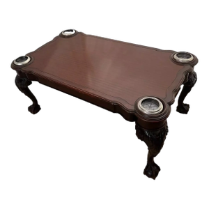 1920s Antique Cocktail Coffee Table Ball Claw Legs Mahogany Silver Rim Coasters