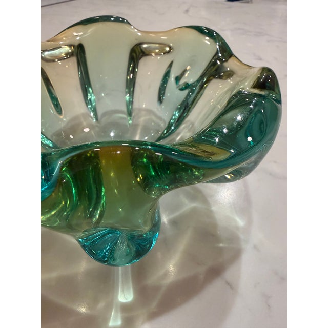 Mid-Century Green & Turquoise Sculptural Art Glass Bowl For Sale In Philadelphia - Image 6 of 9