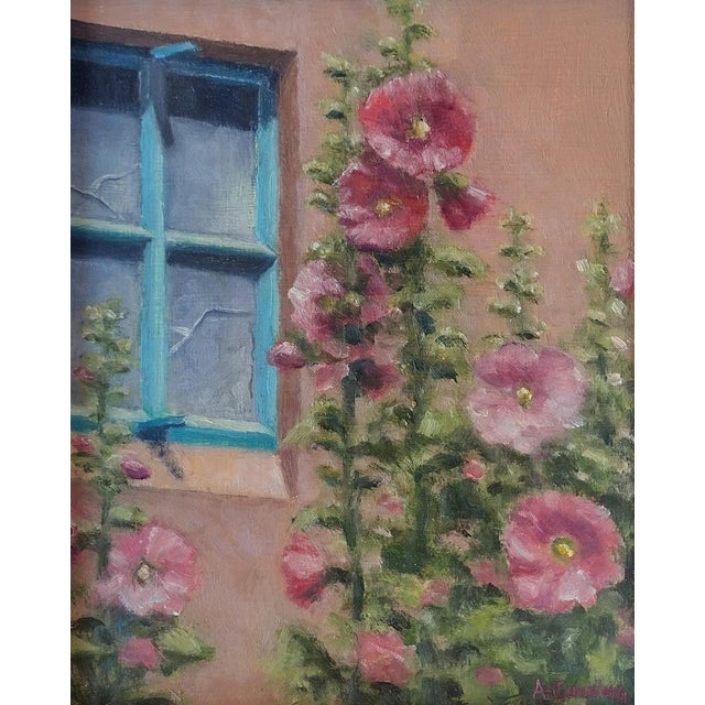 Casa de Sueño's Hollyhocks — Original Oil Painting by Andrea Gunning Infused with the charm of New Mexico’s adobe...