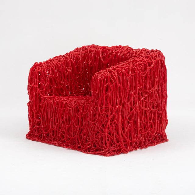 Abstract Gaetano Pesce “Senzafine” Armchair and Pouf in Red Polyurethane For Sale - Image 3 of 16