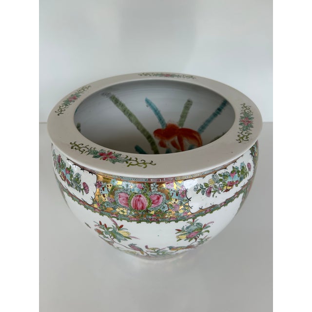 Ceramic Vintage Famille Rose Medallion Koi Fish Jardiniere For Sale - Image 7 of 9