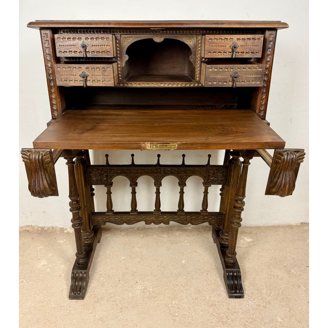 Brown Spanish Carved Wood Bargueño with Figural Decoration, 1940 For Sale - Image 8 of 14