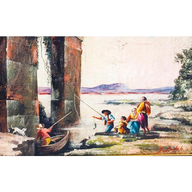 This is a beautiful oil painting in the Palladian style featuring a classical scene of Roman ruins, with a family fishing...