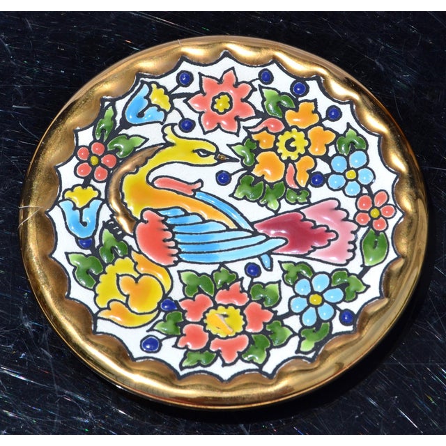 Vintage Handmade Spanish Coaster 3.75 Inch 24k Gold Exotic Bird Floral Design Majolica For Sale In Miami - Image 6 of 12
