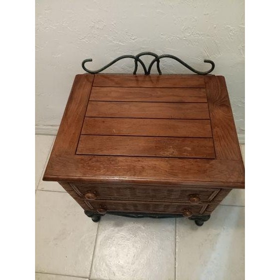 Coastal 1980s Wicker Rattan Wood Metal Nightstand 2 Drawer Medium Tone Color For Sale - Image 3 of 6