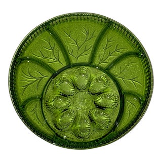 Vintage Indiana Glass Olive Green Egg Hors d'Oeuvre Tray For Sale