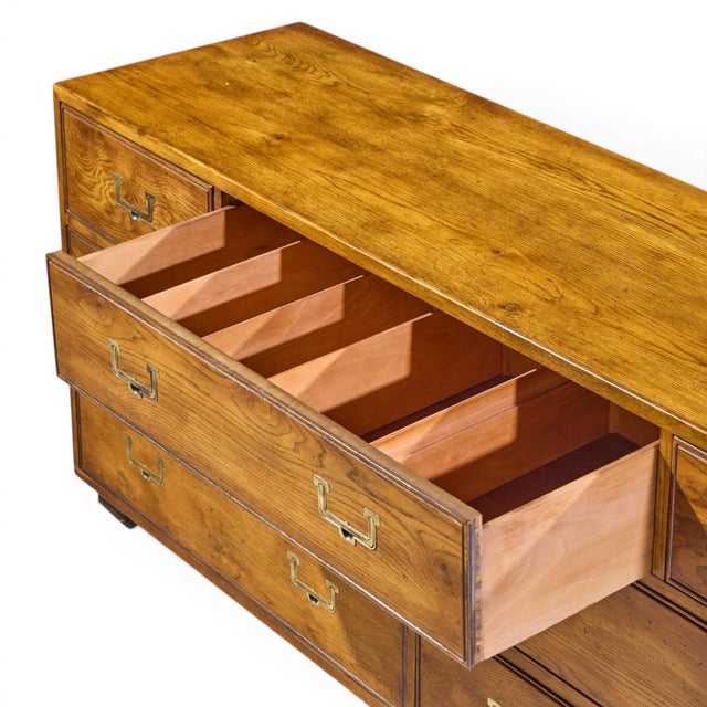 Wood Henredon Campaign Mid Century Oak and Brass Lowboy Dresser For Sale - Image 7 of 10