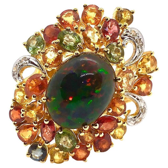 Bochic "Orient" Vintage Diamond, Sapphires & Black Opal Ring Set In 18K Gold & Silver For Sale - Image 10 of 18