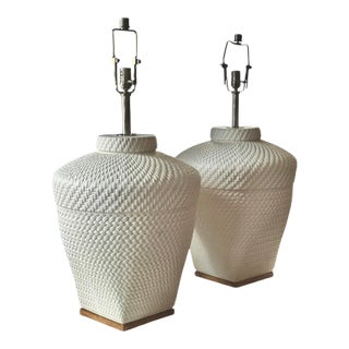 Coastal White Ralph Lauren Ceramic Woven Rope Texture Lamps With Chrome Finials - A Pair For Sale