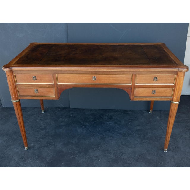 Louis XVI Style Writing Table or Desk of Walnut With Leather Top From France For Sale - Image 11 of 16