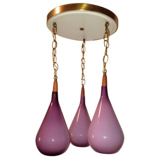Purple Triple Pendant Light with Teak Crowns For Sale