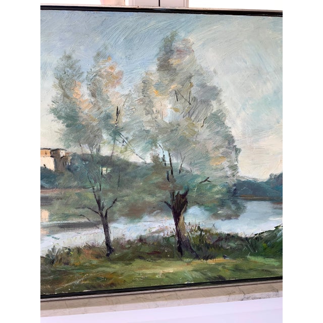 Textile Vintage American School River Landscape Oil Painting on Canvas, Framed For Sale - Image 7 of 12