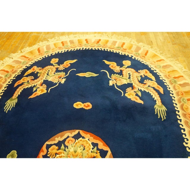 1980s Blue Dragon Modern Vintage Chinese Art Deco Carpet Knotted Wool Oval Rug For Sale - Image 9 of 9