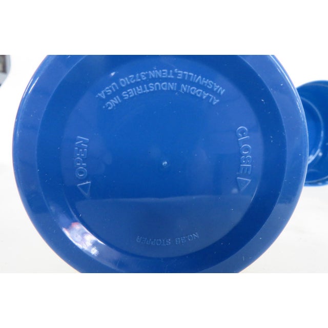 1970s Mr Peanut Aladdin Blue Yellow Plastic Thermos Travel Mug With Strap For Sale - Image 9 of 17