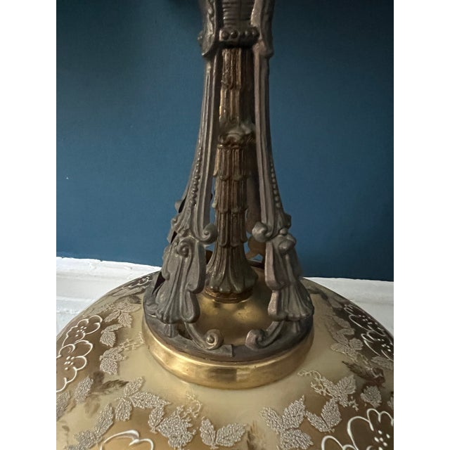 Monumental Hollywood Regency Marble, Hand-Painted Glass & Bronze Table Lamps — 40.75” - a Pair For Sale In New York - Image 6 of 18