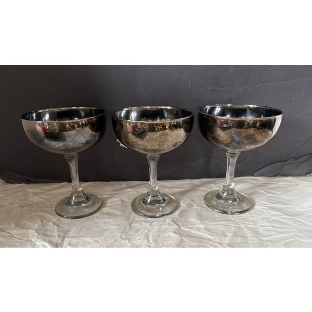 Hollywood Regency Vintage Smoke Gray Silver Ombre Champagne Coupe Glasses, Set of 3 | Hollywood Regency Barware For Sale - Image 3 of 10