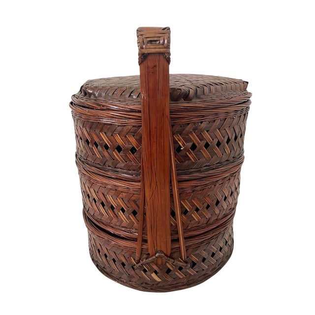 Vintage Chinese Rattan Tiered Nested Tiered Wedding Basket Hand Woven 12x10” For Sale - Image 4 of 7