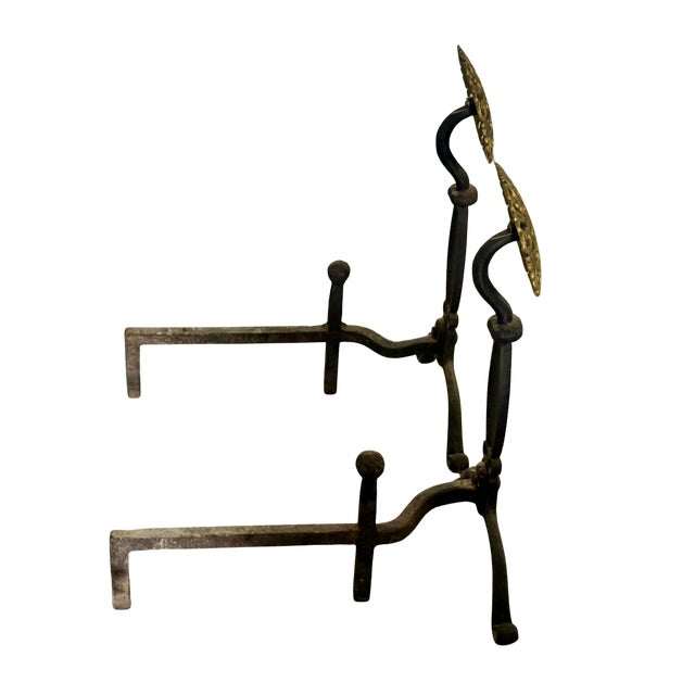 Brass & Iron Floral Rosette Andirons – Vintage Virginia Metalcrafters For Sale - Image 4 of 4