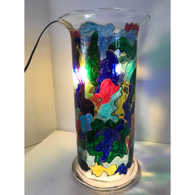 Blue 1990s Tall Cylinder Multicolor One of a Kind Hand Painted Vase, Signed by Monique Nichols For Sale - Image 8 of 12