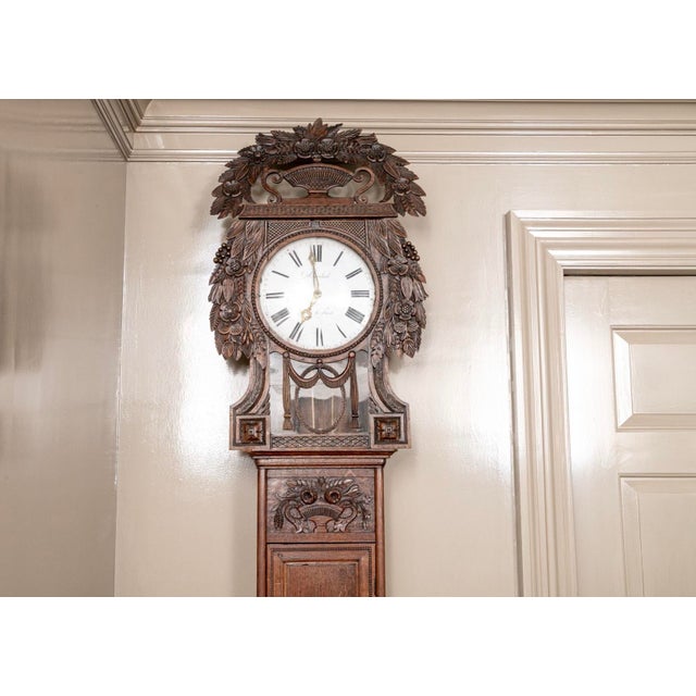 Antique Sénéchal French Louis XVI Tall Oak Longcase Clock For Sale - Image 4 of 9